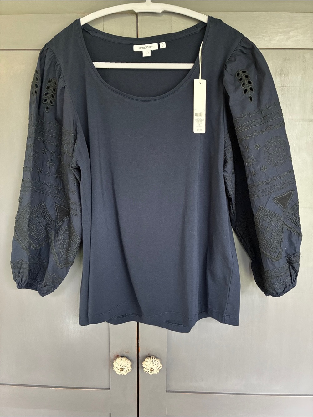 Chico's size 2  Navy Embroidered Balloon-Sleeve Top